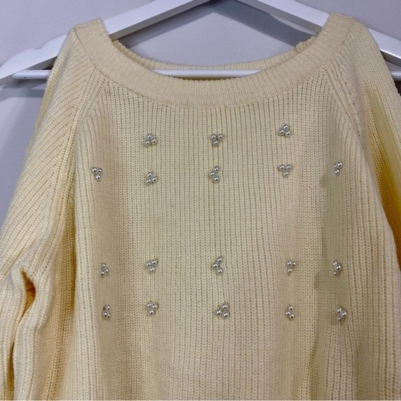 Chateauamour Women’s Apricot Ribbed Bead Cluster Cutout Shoulder Sweater Cream - Picture 2 of 7